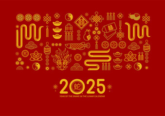 Vector square card pattern on red with outline symbols of the Snake Zodiac sign, Symbol of 2025 in the Chinese Lunar calendar. Line art China design. Chinese snake illustration. China translate: Snake