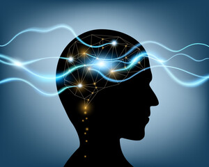 Silhouette of a human head with waves and rays of light through the brain. Stock vector illustration