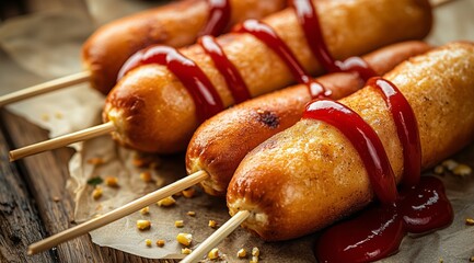 Corn dogs on sticks with ketchup and sauce on a wooden table.