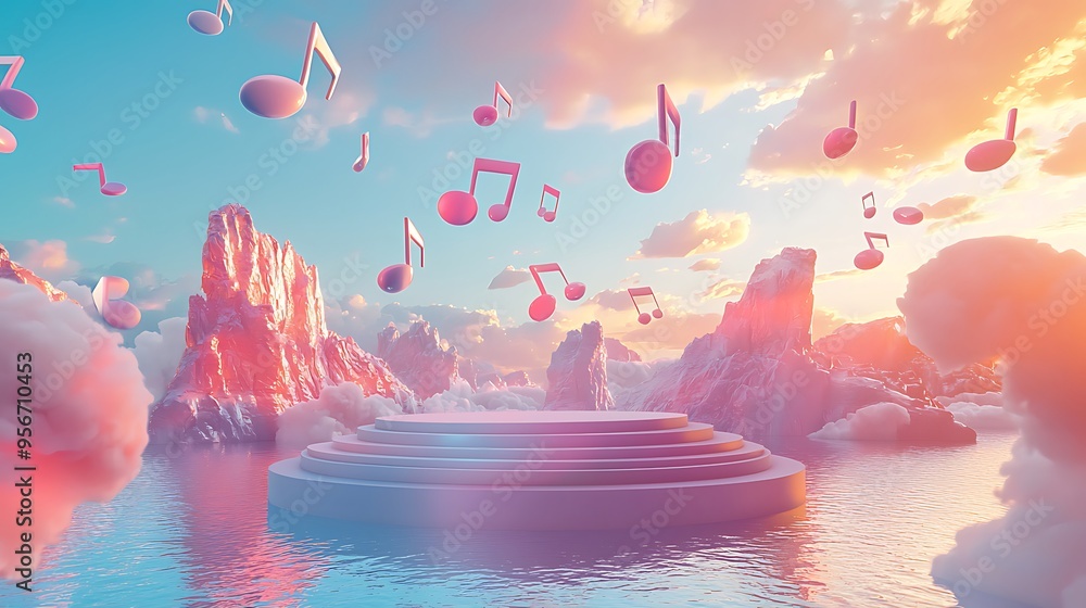 Poster music notes float above a dreamy landscape, adding a magical touch to the scene.