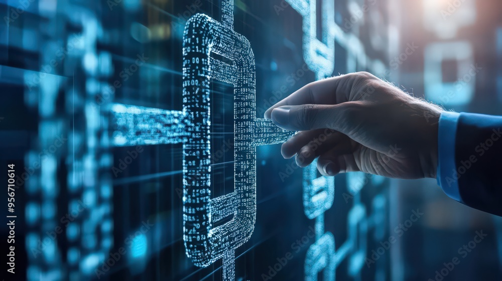 Poster a businessman applies ai to blockchain technology and data encryption for advanced data science and 