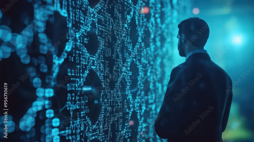 Poster a businessman applies ai to blockchain technology and data encryption for advanced data science and 