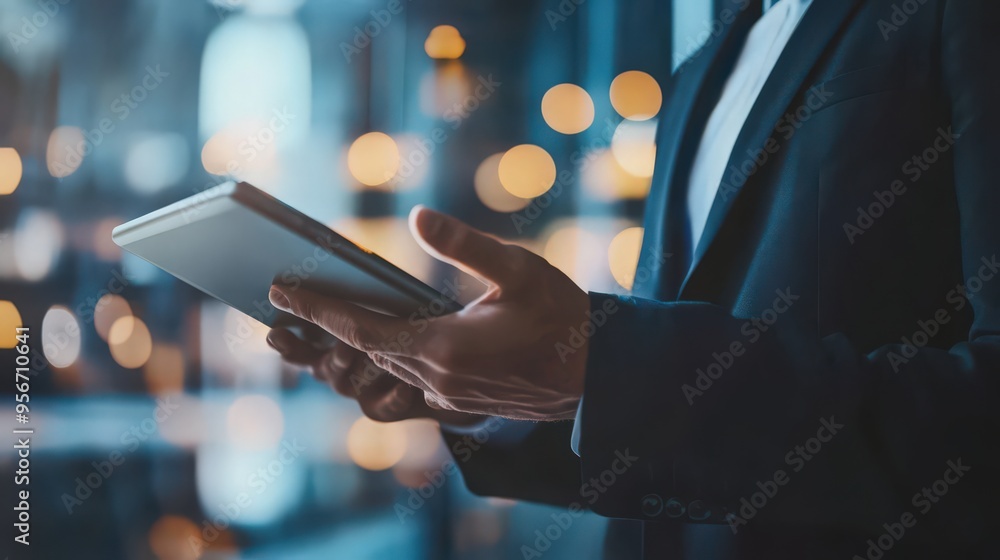 Poster a businessman boosts crm capabilities using a digital tablet to access customer network technology