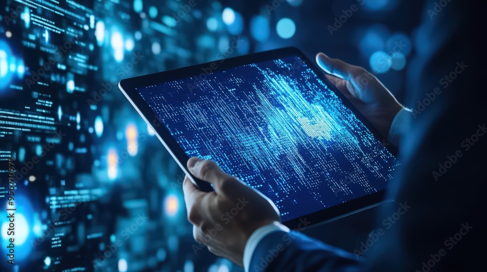 Poster a businessman employs a digital tablet to access blockchain technology and data encryption tools