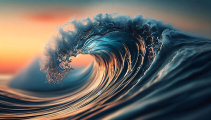 A curling ocean wave showcasing intricate details of the water's surface and rising foam. The background features a soft gradient of blues and oranges indicating a sunset