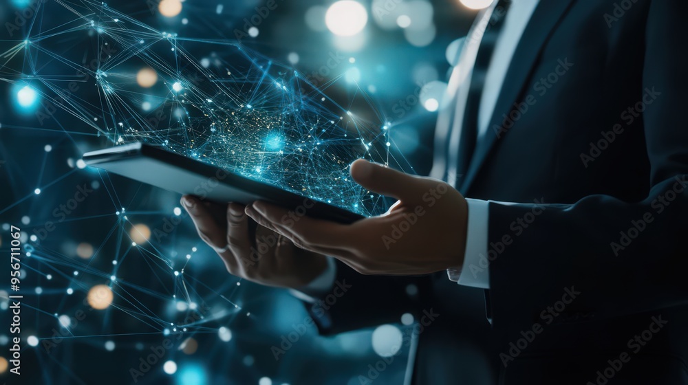 Aufkleber a businessman employs digital tablets to integrate ai with blockchain technology and data encryption