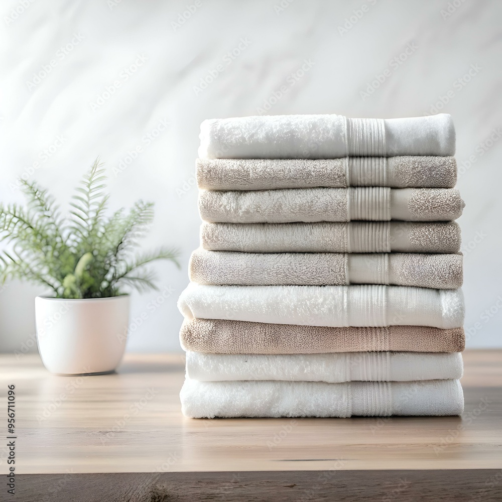 Poster a neatly stacked pile of soft. fluffy towels in white and beige. perfect for adding a touch of spa l
