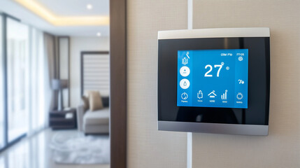 Termostat zintegrowany z systemem inteligentnego domu, umieszczony na ścianie. Ułatwia regulację temperatury i efektywne zarządzanie zużyciem energii.