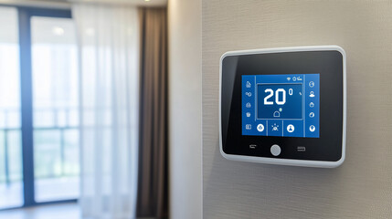 Termostat zintegrowany z systemem inteligentnego domu, umieszczony na ścianie. Ułatwia regulację temperatury i efektywne zarządzanie zużyciem energii.