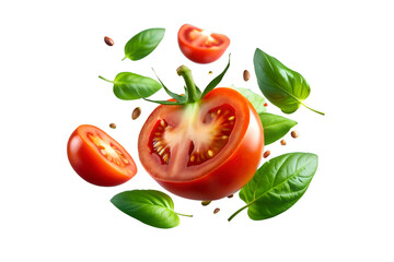 Fototapeta premium Falling tomato half slice and leaves isolated on transparent background - Generative AI
