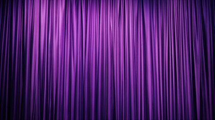Full view of a purple curtain with vertical, smooth folds, creating a rich and elegant backdrop, perfect for stage or event decoration..