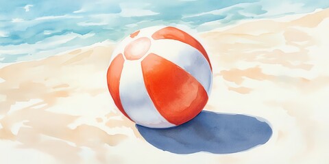 Obraz premium A vibrant beach ball rests on the sandy shore, capturing the essence of summer fun by the ocean waves.