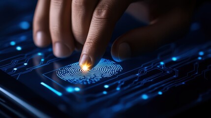 A businessman enhances network security by using fingerprint scanning to access private data