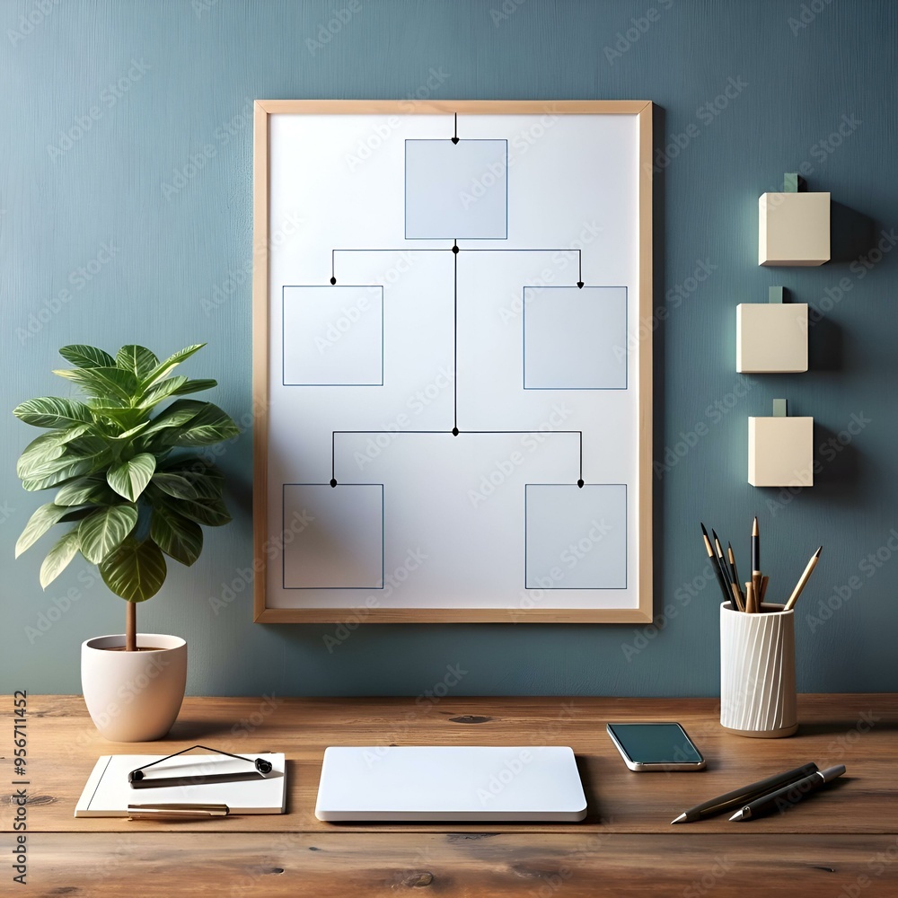 Poster a minimalist workspace featuring a framed whiteboard with a hierarchy chart. perfect for showcasing 