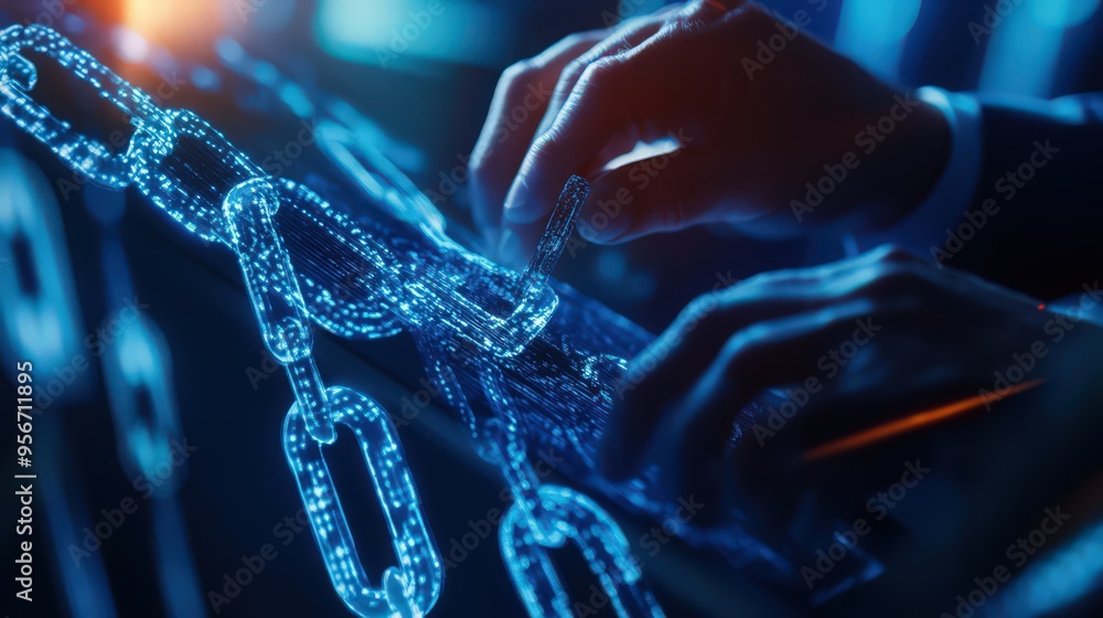 Poster a businessman integrates blockchain technology and data encryption with ai on a digital tablet, ensu