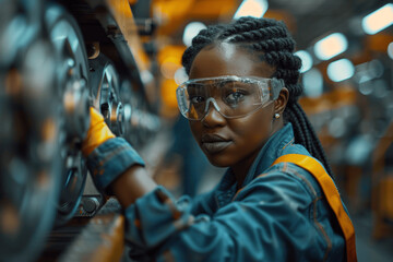 Woman Wearing Safety Goggles And Gloves Working With Machinery In Industrial Setting