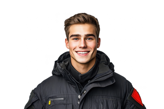 Front-facing portrait of a happy American male soldier, against a white transparent PNG cutout background, captured with professional softbox lighting for a polished finish.