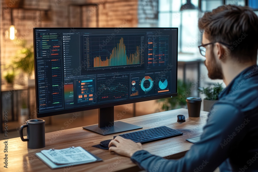 Poster An expert is deeply engaged in analyzing complex data on a large monitor while writing at an organized desk in a contemporary office. Generative AI