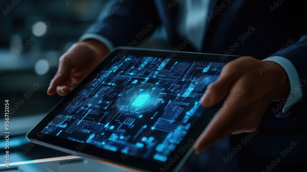 Poster a businessman integrates blockchain technology with data encryption on a digital tablet, using ai to