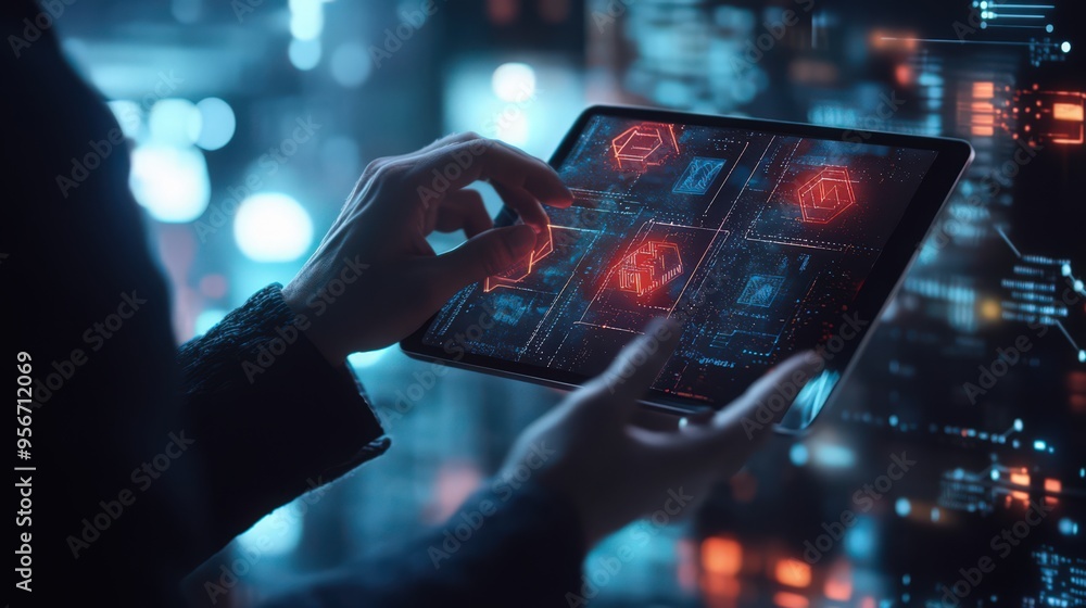 Poster a businessman integrates blockchain technology with data encryption on a digital tablet, using ai to