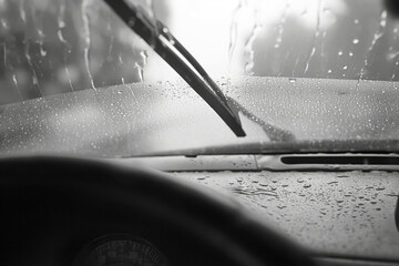 Monochrome image of a car windshield with raindrops, with a focus on the windshield wipers during a rainstorm