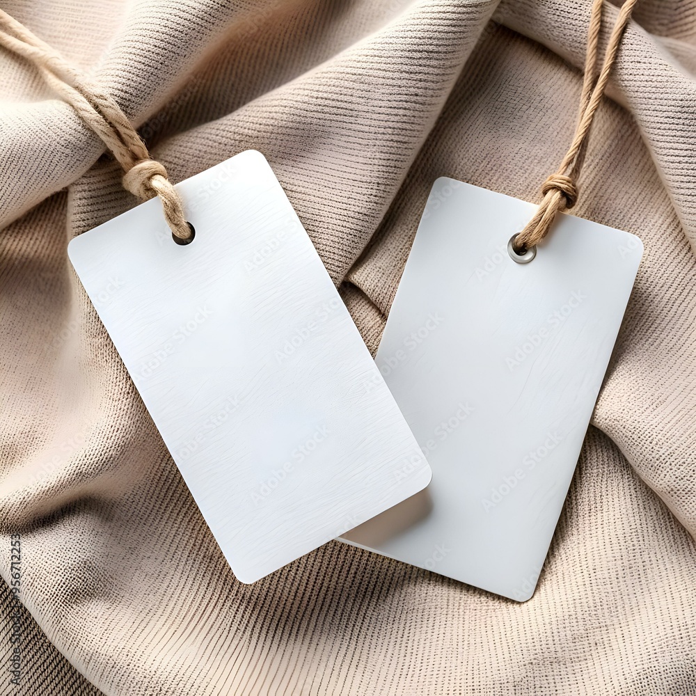 Poster two blank white garment tags with string. perfect for adding your own branding or text.