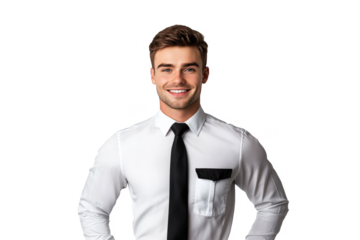 Portrait of a smiling American male stewardess, viewed from the front, isolated on white transparent PNG cutout, with professional softbox lighting for a refined look.