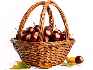 Obraz premium Basket with chestnuts and autumn leaves on a white background.