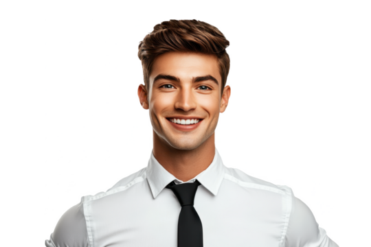 Portrait of a smiling American male stewardess, viewed from the front, isolated on white transparent PNG cutout, with professional softbox lighting for a refined look.