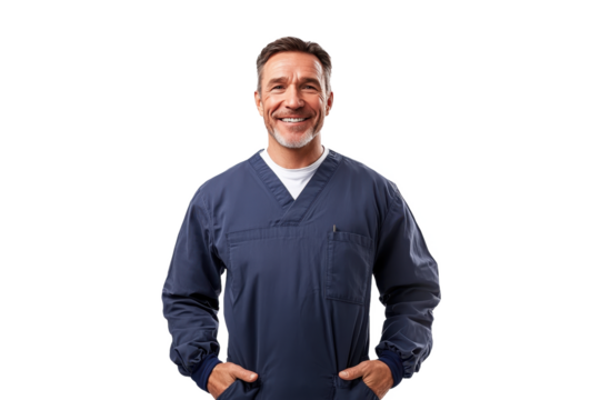 Cheerful American male surgeon portrait, front view, set against a white transparent PNG cutout backdrop, shot with professional softbox lighting for a bright and clear image.