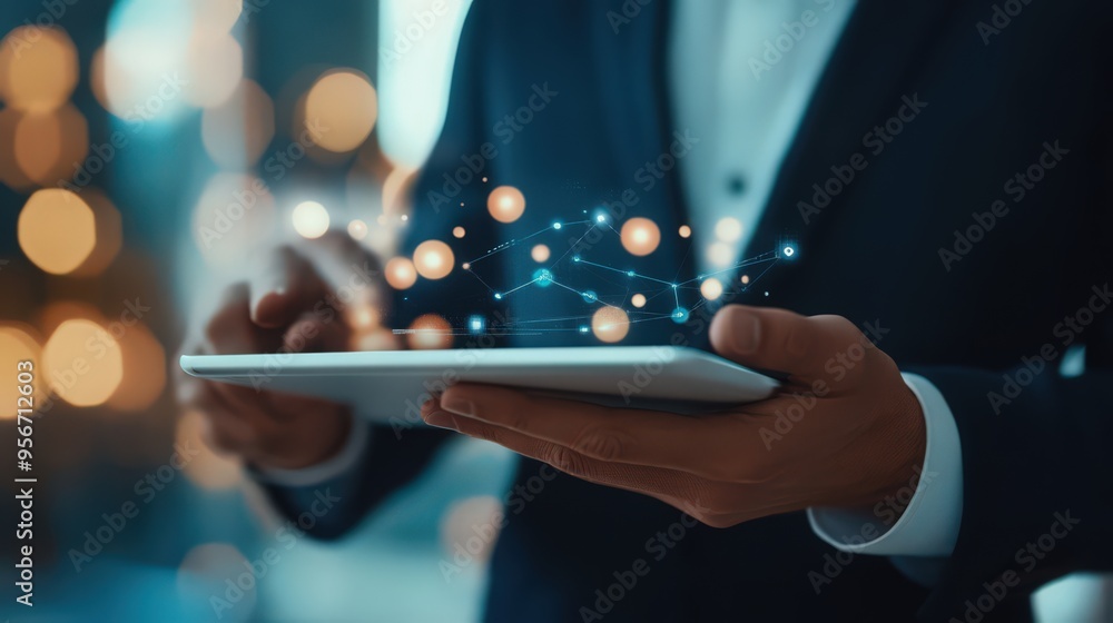 Poster a businessman optimizes customer relationships using a digital tablet with advanced crm network tech