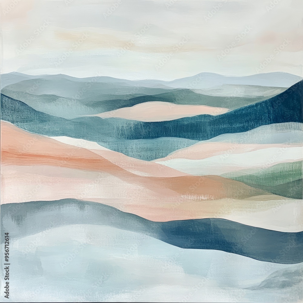 Sticker Abstract watercolor painting of a mountain landscape with blue, green and peach colors.