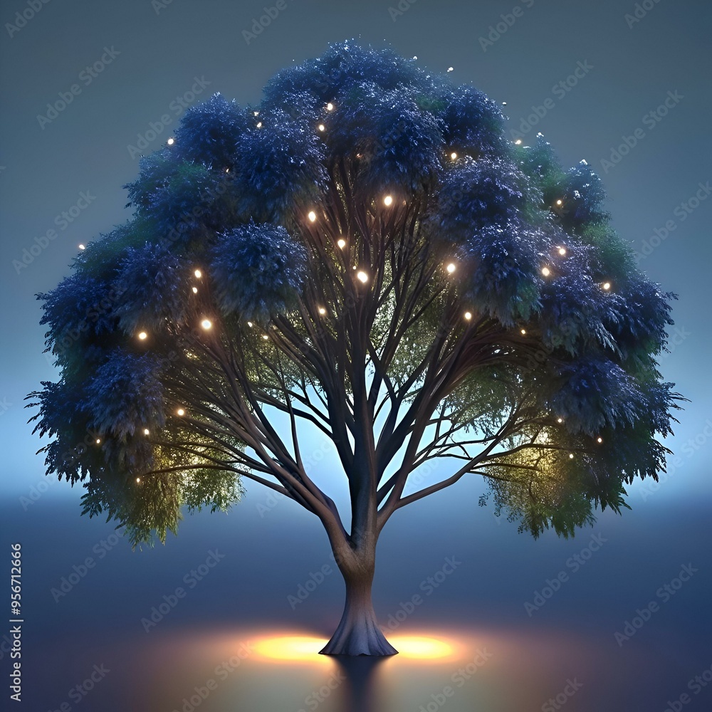 Poster a solitary tree stands tall. its branches adorned with glowing lights. creating a magical and ethere
