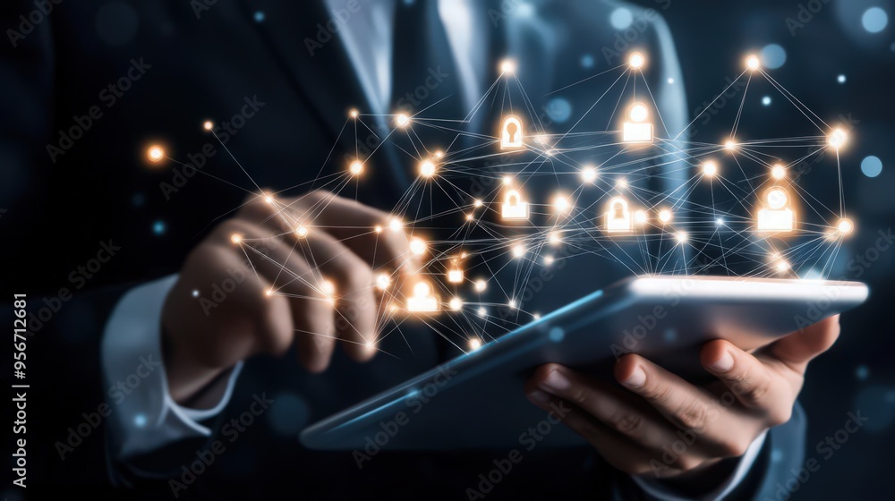 Poster a businessman optimizes customer relationships using a digital tablet with advanced crm network tech