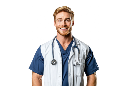 Cheerful American male surgeon portrait, front view, set against a white transparent PNG cutout backdrop, shot with professional softbox lighting for a bright and clear image.