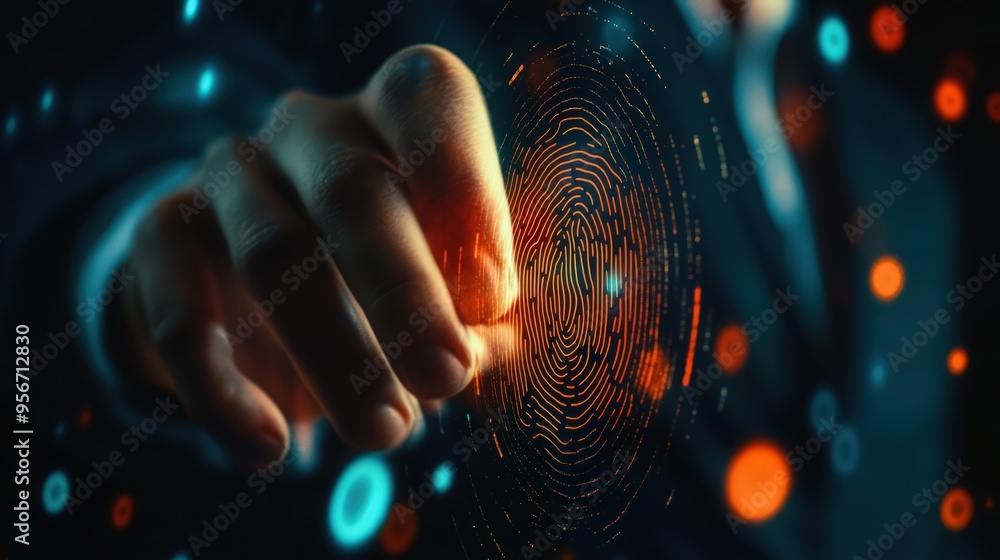 Poster a businessman relies on fingerprint scanning technology to secure network access and protect sensiti
