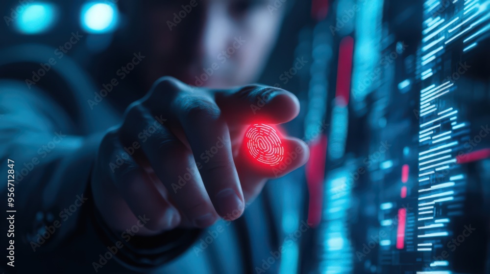 Poster a businessman relies on fingerprint scanning technology to secure network access and protect sensiti