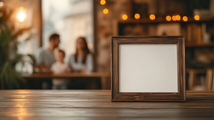 Contemporary frame on wooden table, blurred family in cozy room, warm natural light