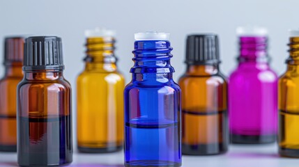 Obraz premium Colorful essential oil bottles arranged in a row, showcasing various shapes and shades for aromatic and therapeutic use.
