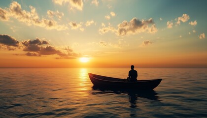 Silhouette a man fishing with wooden boat in ocean beauty orange sunset sky