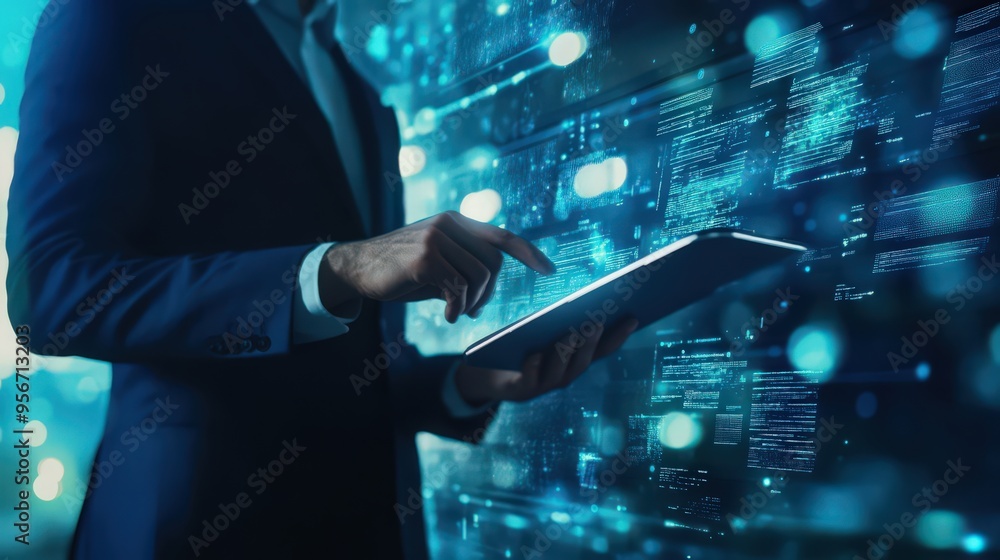 Poster a businessman uses a digital tablet to apply blockchain technology and data encryption,