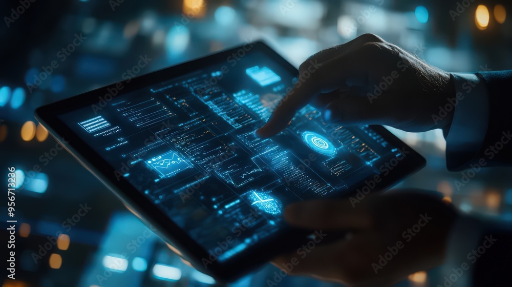 Poster a businessman uses a digital tablet to deploy ai and blockchain technology for advanced data encrypt