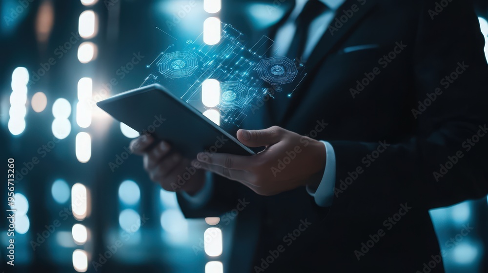 Poster a businessman uses a digital tablet to deploy ai and blockchain technology for advanced data encrypt