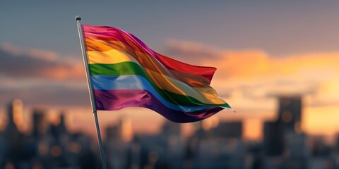 A vibrant rainbow flag waving in the foreground with a blurred city skyline and a stunning dusky sky in the background, symbolizing pride and inclusivity.
