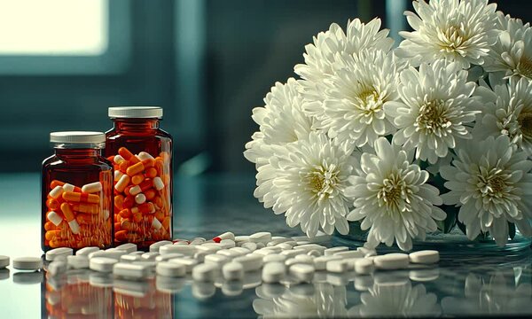 A calming indoor setting features vibrant flowers next to medication bottles, illustrating the balance between nature and health in a bright atmosphere