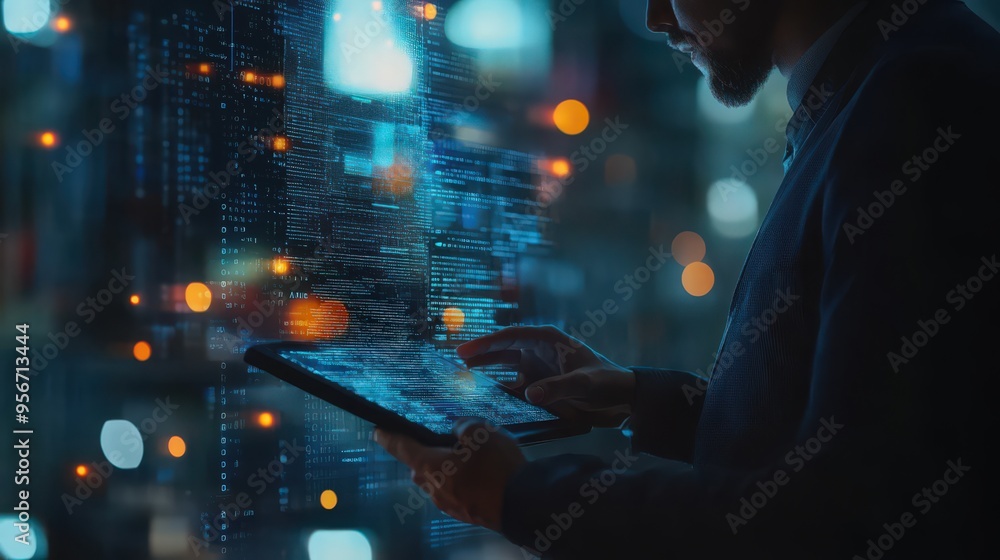 Poster a businessman uses a digital tablet to explore blockchain technology, data encryption, and ai-driven