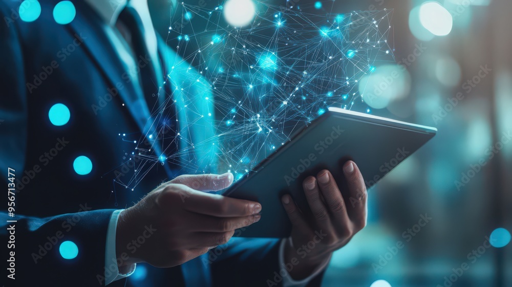 Poster a businessman uses ai and blockchain technology on a digital tablet, focusing on data encryption and