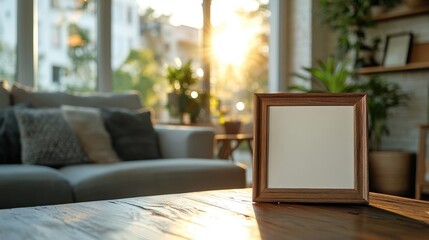 Contemporary frame on table, cozy living room, blurred family in background, warm tones