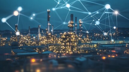 A network of pipes and valves are lit up with icons and symbols. Concept of technology and automation in a large industrial setting