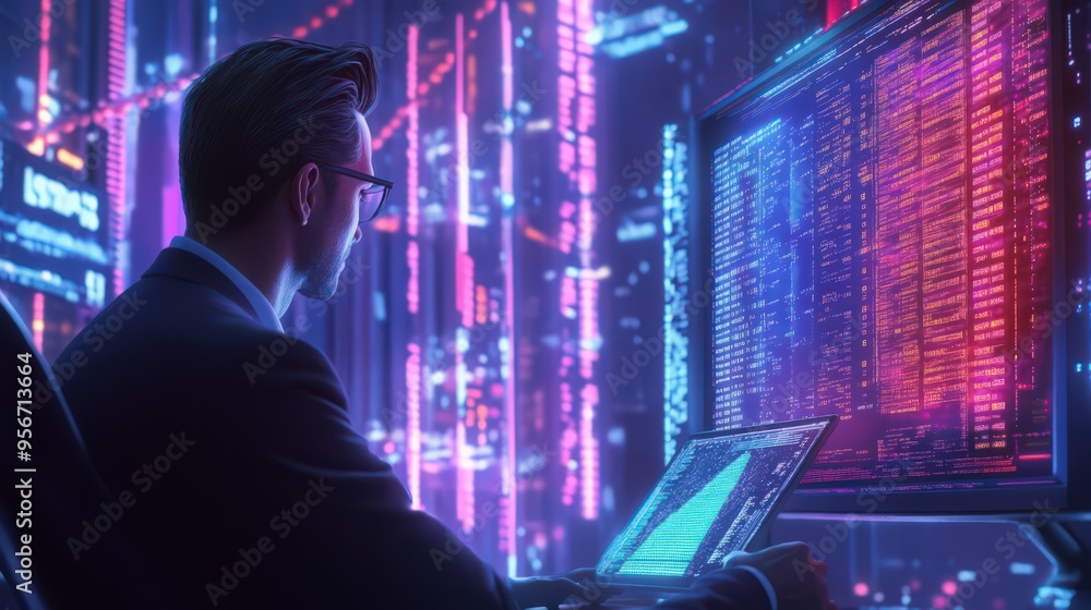 Poster a businessman uses ai to integrate blockchain technology and data encryption, optimizing data scienc